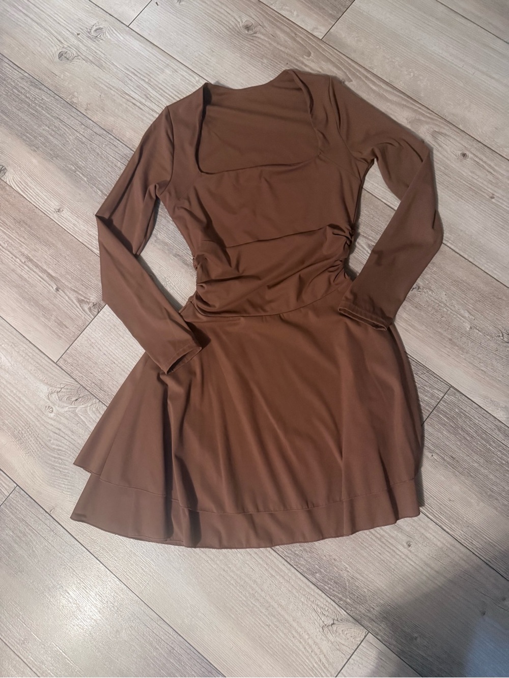 Amazon Brown Long-Sleeve Square-Neck Mini Dress